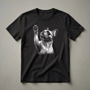 Black and white graphic t-shirt featuring a detailed scratchboard illustration of a French Bulldog raising its right paw, with its head tilted up.