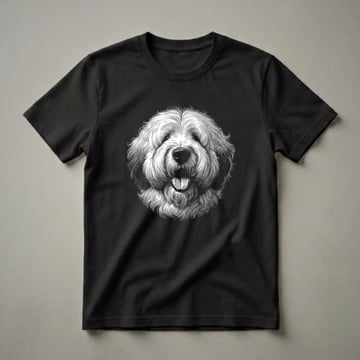 Black and white line art illustration of an Old English Sheepdog's face with its tongue slightly out, set against a black background. The design features detailed linework for the fur.