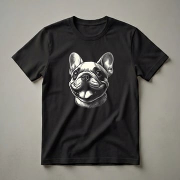 Black and white scratchboard art t-shirt featuring the head of a smiling French Bulldog with its tongue out against a black background.