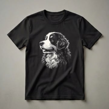 Black and white line art illustration of a Bernese Mountain Dog's head, showing its fluffy mane and distinctive markings, on a black background.