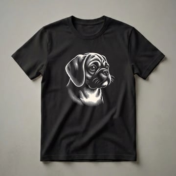 Black and white woodcut art of a Puggle dog's face, showing its head in profile with detailed linework for fur, eyes, and nose, set against a black background.