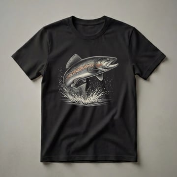 Black t-shirt featuring a detailed vintage illustration of a brook trout leaping from water with splashes and bubbles.