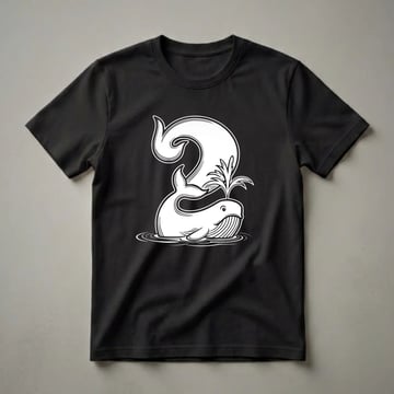 White outline graphic of a whale spouting water, with the number '2' integrated into its tail and body, on a black t-shirt.