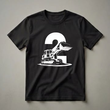 Black t-shirt with a white graphic of a bulldozer and the number 2, celebrating a 2nd birthday for boys.