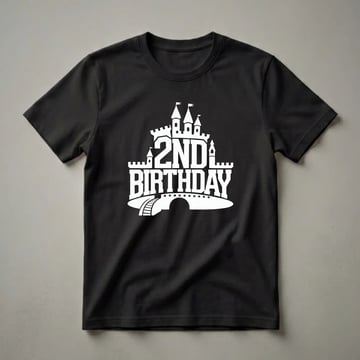 Black t-shirt featuring a white graphic of a castle with turrets and flags, and the text '2ND BIRTHDAY' in bold block letters.