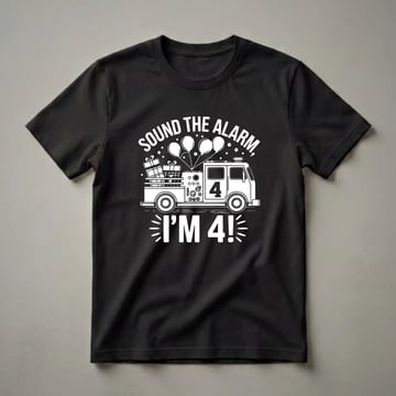 White graphic design on a black t-shirt featuring a firetruck with balloons and gifts, the text 'SOUND THE ALARM, I'M 4!' and the number 4 on the truck.