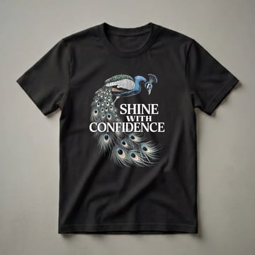 Black t-shirt with a detailed illustration of a peacock in shades of blue and green, perched on a branch with its tail feathers fanned out, and white text that reads "SHINE WITH CONFIDENCE".