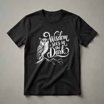 Black t-shirt with a white ink drawing of a Great Horned Owl perched on a branch, with the text 'Wisdom Sees in the Dark' in stylized script.