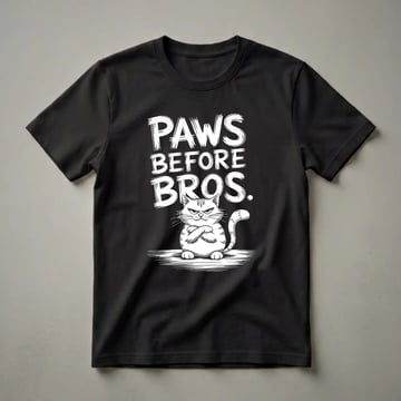 Black t-shirt with a white graphic of a grumpy cartoon cat with crossed arms and the text 'Paws Before Bros' above it.