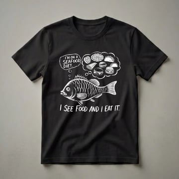 Black t-shirt with a white line drawing of a fish thinking about pizza, tacos, and burgers, with the text 'I'm on a Seafood Diet. I See Food and I Eat It.'