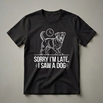 Black t-shirt with a white line drawing of a dog and a clock, and the text 'Sorry I'm Late, I Saw a Dog.'