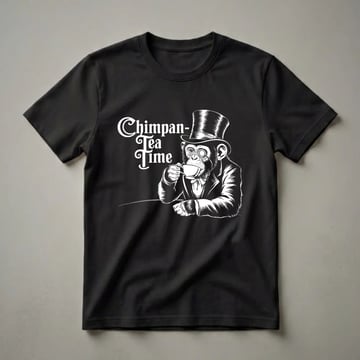 Black t-shirt with a white graphic of a chimpanzee wearing a top hat and monocle, holding a teacup and saucer, with the text 'Chimpan-Tea Time'.