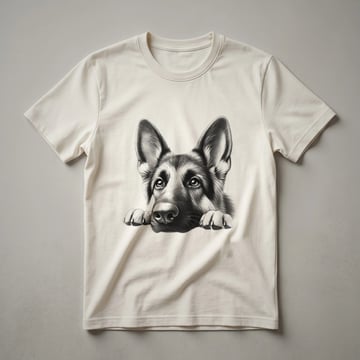 A black and tan German Shepherd's head peeking over the bottom edge of a white t-shirt.