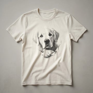 White t-shirt with a Golden Retriever's head peeking over a colorful floral border, designed for dog owners.