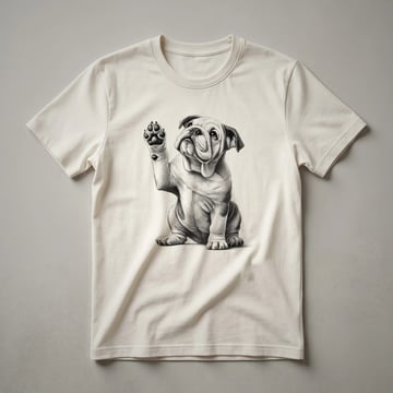 White graphic t-shirt featuring a stylized bulldog paw raised in a playful gesture, surrounded by a colorful floral pattern.