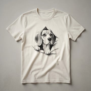 White t-shirt with a graphic of a Beagle dog's head peeking from the bottom edge, showing its ears and nose.