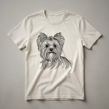White Yorkshire Terrier line art graphic t-shirt featuring a minimalist drawing of the dog's head and body.