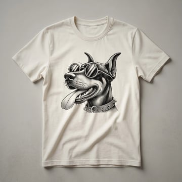 White graphic t-shirt featuring a Doberman Pinscher dog wearing dark sunglasses, with the text 'Dobie Design' below.