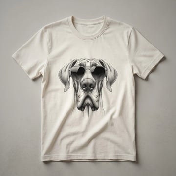 A white graphic t-shirt features a Great Dane dog wearing dark sunglasses and a red, white, and blue patriotic bandana around its neck.