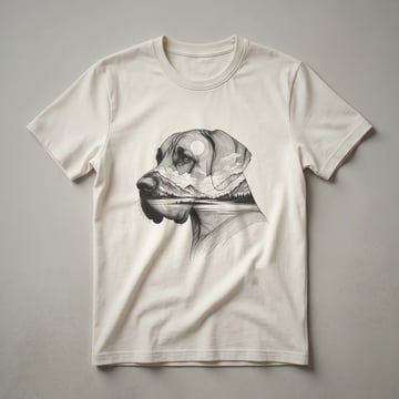 A black Great Dane dog is depicted in a stylized artistic portrait with a nature landscape background on a white t-shirt.