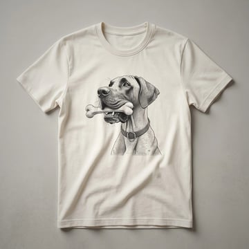 A black graphic t-shirt featuring a stylized illustration of a Great Dane dog holding a bone in its mouth.
