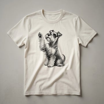 Black graphic t-shirt featuring a stylized illustration of a Miniature Schnauzer dog with its front paw raised, set against a plain background.