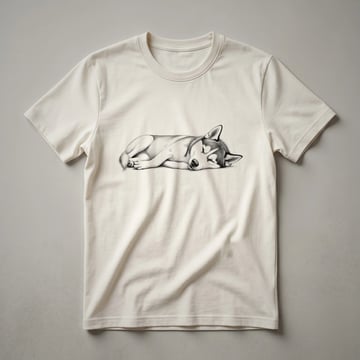 White t-shirt featuring a black silhouette graphic of a sleeping Siberian Husky in profile, with the text 'Siberian Husky Sleeping Dog Design Idea' subtly incorporated.