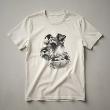 Black t-shirt featuring a graphic of a Miniature Schnauzer dog with a natural background of trees and mountains, designed for dog lovers.