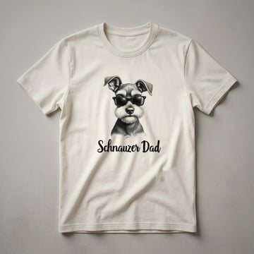 Black graphic t-shirt featuring a stylized illustration of a Miniature Schnauzer's face with its signature beard and eyebrows.