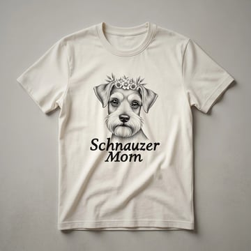 White graphic t-shirt featuring the face of a Miniature Schnauzer with a prominent beard and eyebrows, labeled "Mom".