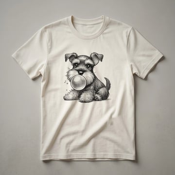 White t-shirt featuring a graphic of a Miniature Schnauzer dog with a large pink bubble gum bubble coming from its mouth, cartoon style.
