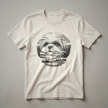 White t-shirt featuring a Shih Tzu dog portrait with floral accents and a sunset in the background, designed for dog lovers.