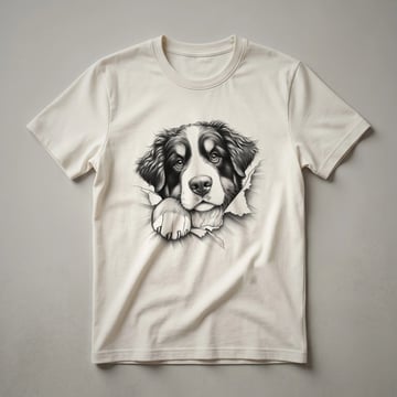 White graphic t-shirt featuring a cartoon Bernese Mountain Dog peeking from the bottom edge, with its head and front paws visible.