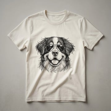 White graphic t-shirt featuring a Bernese Mountain Dog wearing dark sunglasses with a subtle patriotic element in the background.