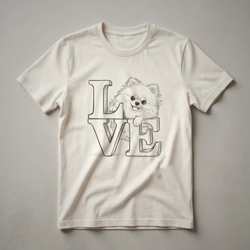 White graphic t-shirt with a black outline of a Pomeranian dog's face and a red heart symbol.