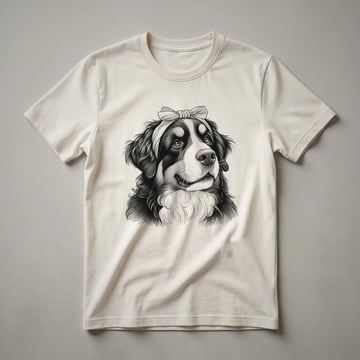 White t-shirt featuring a graphic of a Bernese Mountain Dog peeking over a colorful border, with the dog's head and front paws visible.