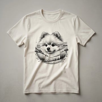 White graphic t-shirt featuring a black silhouette of a Pomeranian dog with a nature scene in the background, including trees and mountains.