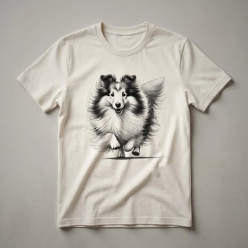 White graphic of a Shetland Sheepdog running with a distressed texture on a black t-shirt.