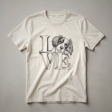 White t-shirt with a graphic design of a Brittany Spaniel dog's head surrounded by colorful flowers and leaves.