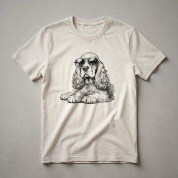 A graphic t-shirt featuring a Cocker Spaniel dog wearing dark sunglasses, presented on a white background.