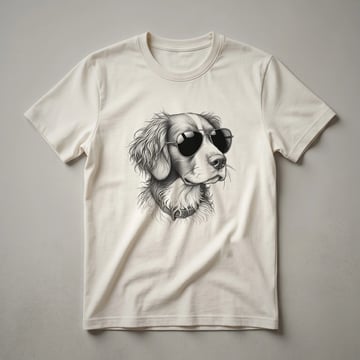 A graphic t-shirt featuring a Brittany Spaniel dog wearing sunglasses, presented on a white background.