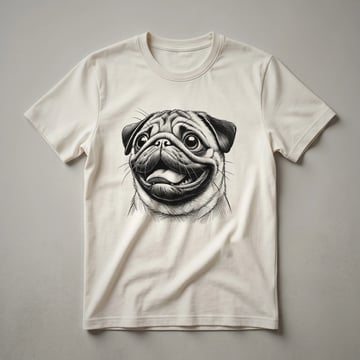 A black graphic t-shirt featuring a stylized pug face with colorful floral accents around it, designed for dog owners.