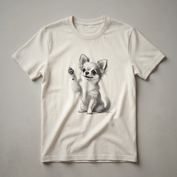 White t-shirt with a graphic of a Chihuahua dog raising its paw, surrounded by pink and green floral elements.