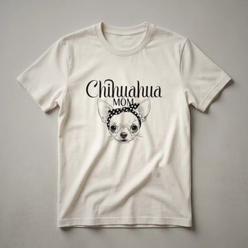 White t-shirt with a graphic design of a Chihuahua's head surrounded by colorful flowers, with the text 'Chihuahua Mom' incorporated.