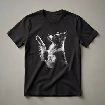 Black and white graphic t-shirt featuring a detailed scratchboard illustration of a Border Collie dog with its paw raised and looking upwards.