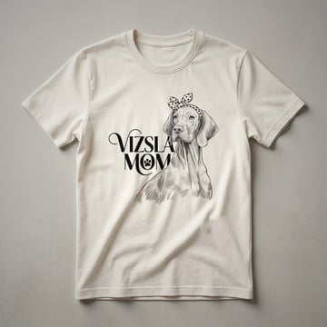 White graphic t-shirt featuring a Vizsla dog's head with floral elements in pink and green, designed for Vizsla moms.