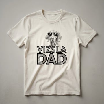 A graphic t-shirt featuring a Vizsla dog's head surrounded by floral elements, designed for Vizsla dads.