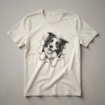 Black t-shirt with a graphic design of a Border Collie's head peeking over a colorful floral border.