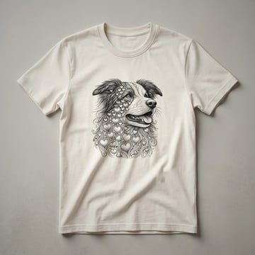 White graphic t-shirt featuring a Border Collie's face inside a heart with the words 'Border Collie Love' above it.