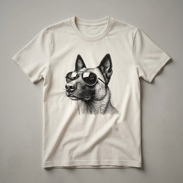 A graphic t-shirt featuring a Belgian Malinois dog wearing dark sunglasses, set against a plain background.